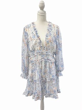 Floral Ruffle Mini Dress Cottagecore Sheer Long Sleeve Boho Size L